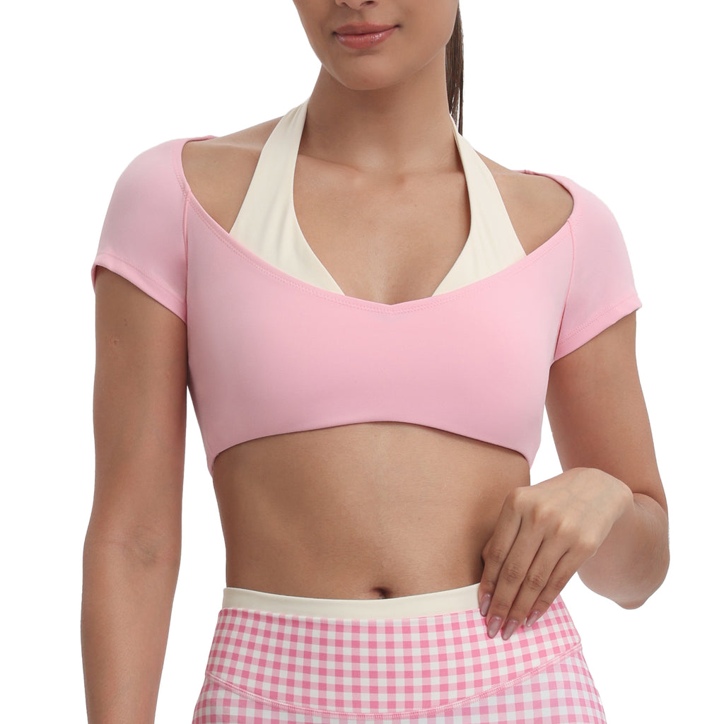 Aoxjox "Dual Core" Halter Crop Top Short Sleeve