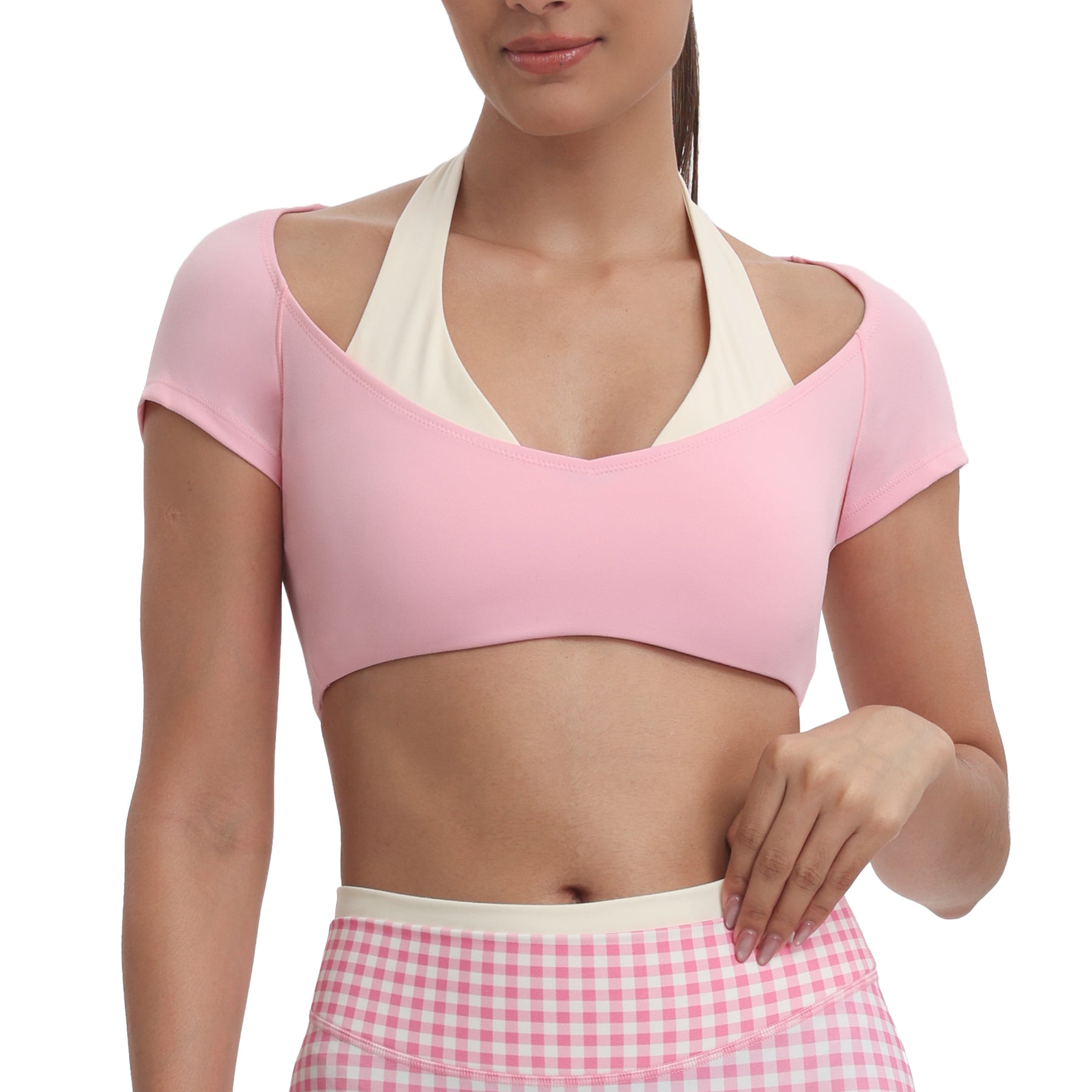 Aoxjox "Dual Core" Halter Crop Top Short Sleeve