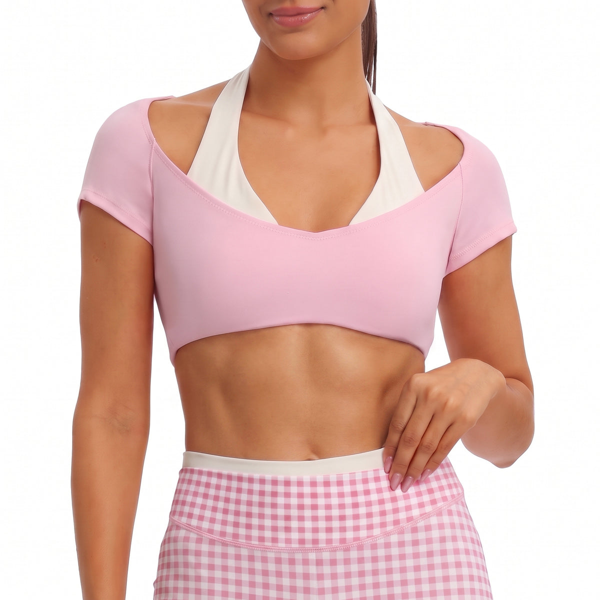 Aoxjox "Dual Core" Halter Crop Top Short Sleeve