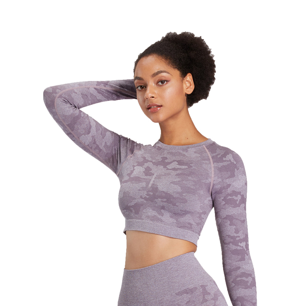 Aoxjox Seamless Camo Long Sleeve Crop Top