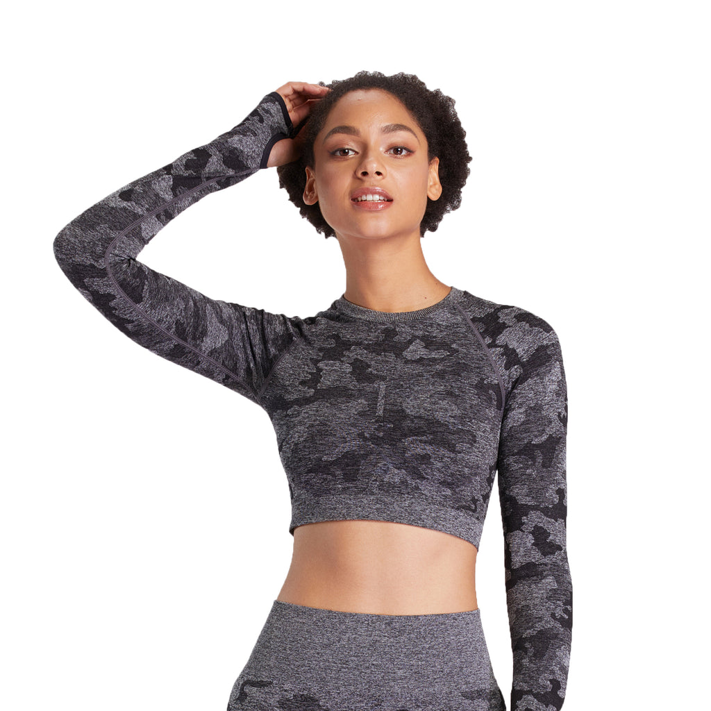 Aoxjox Seamless Camo Long Sleeve Crop Top