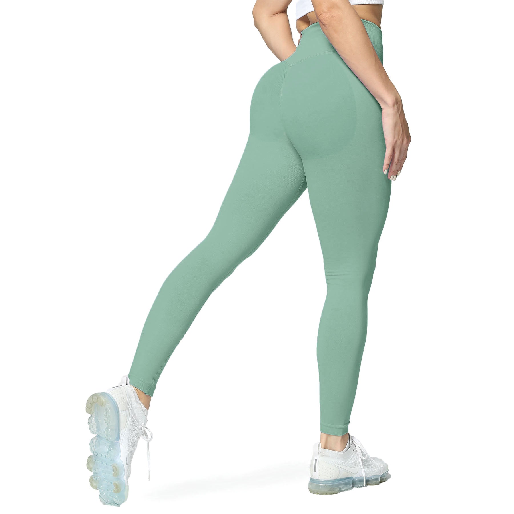Ribbed High Waisted Seamless Scrunch Bum Leggings in Mint Green with Neon  Piping