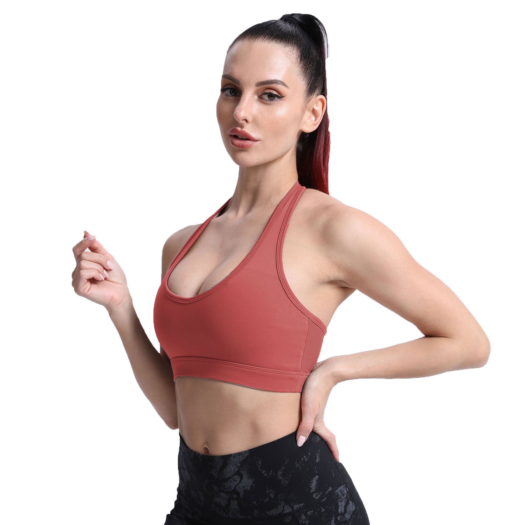 Slanted Halter Neck Ribbed Sports Bra in Red - Retro, Indie and