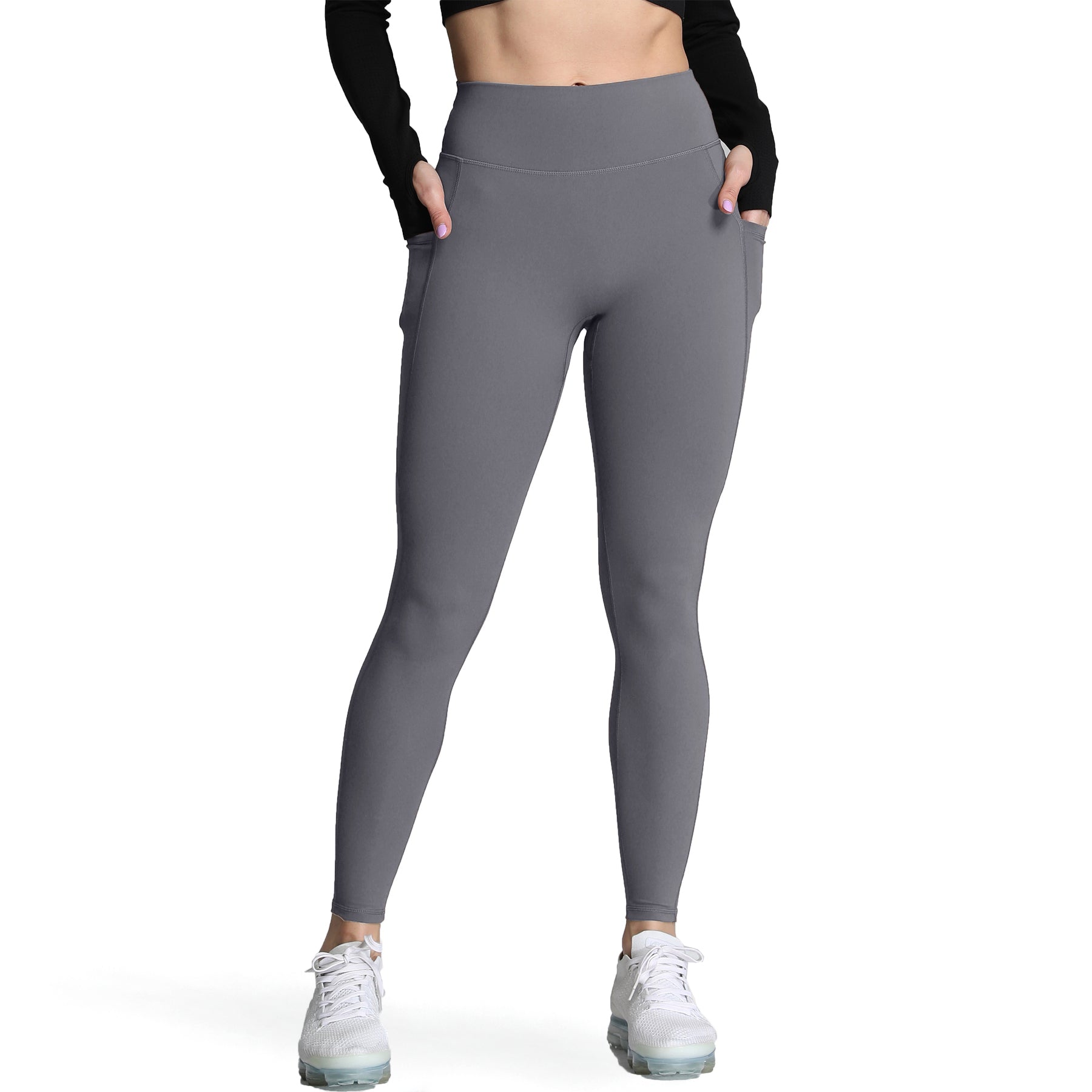Aoxjox Trinity High Waisted Yoga Pants with Pockets for Women Tummy Control  Cross-Waist Crossover Workout Leggings, B Iron Grey (Regular Waistband)